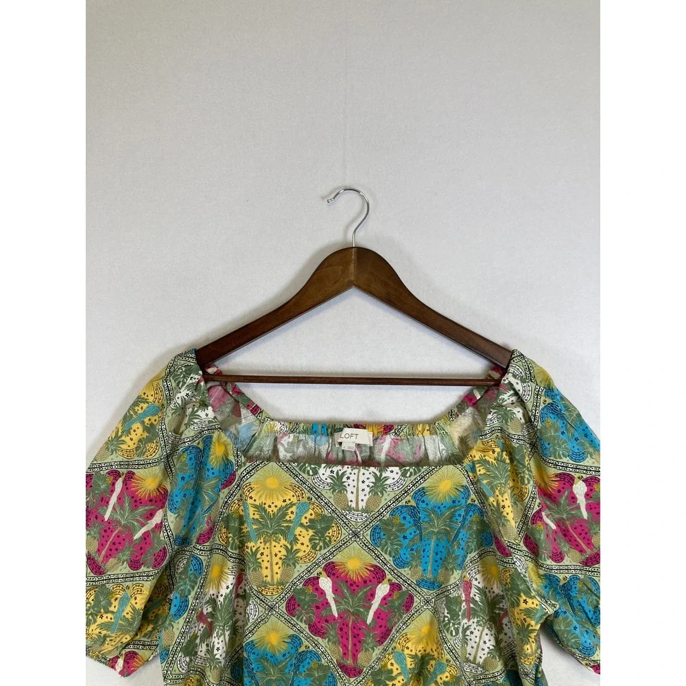 Tropical Boho LOFT Women Large Multicolor Square Neck Puff Sleeve Tile Print Top